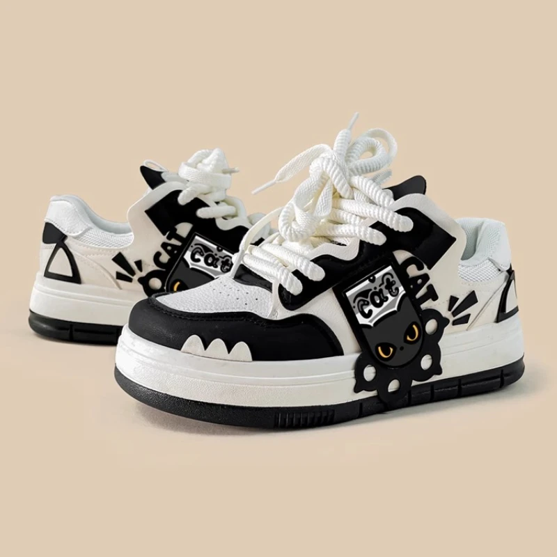 Dophee Original Spring Autumn Black White Flats Platform Shoes Women Thick Bottom Sports Shoes Lace-up Casual Bread Shoes