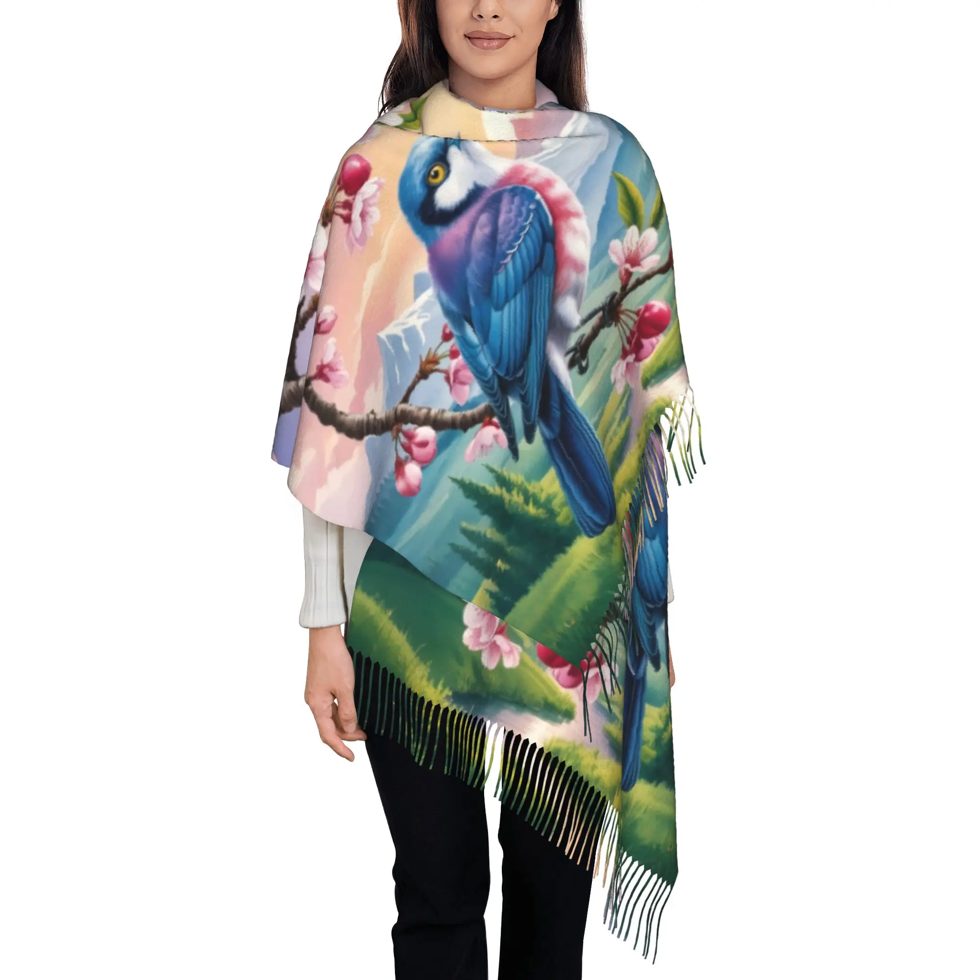 Custom Printed Pastoral Songbird Cherry Blossom Mountain Sunset Scarf  Men Women Winter Fall Warm Scarves  Shawls Wraps