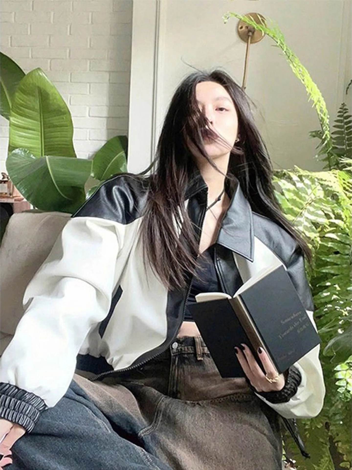 Bla cor branca blo couro jaet feminino beisebol sle roupas de motocicleta topo vintage faion ort outerwear