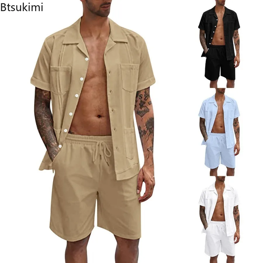 Summer New Men\'s Casual Sport 2 Piece Sets Fashion Cotton Linen Short Sleeve Shirt and Shorts Suit Men Loose Sport Shirt Outfits