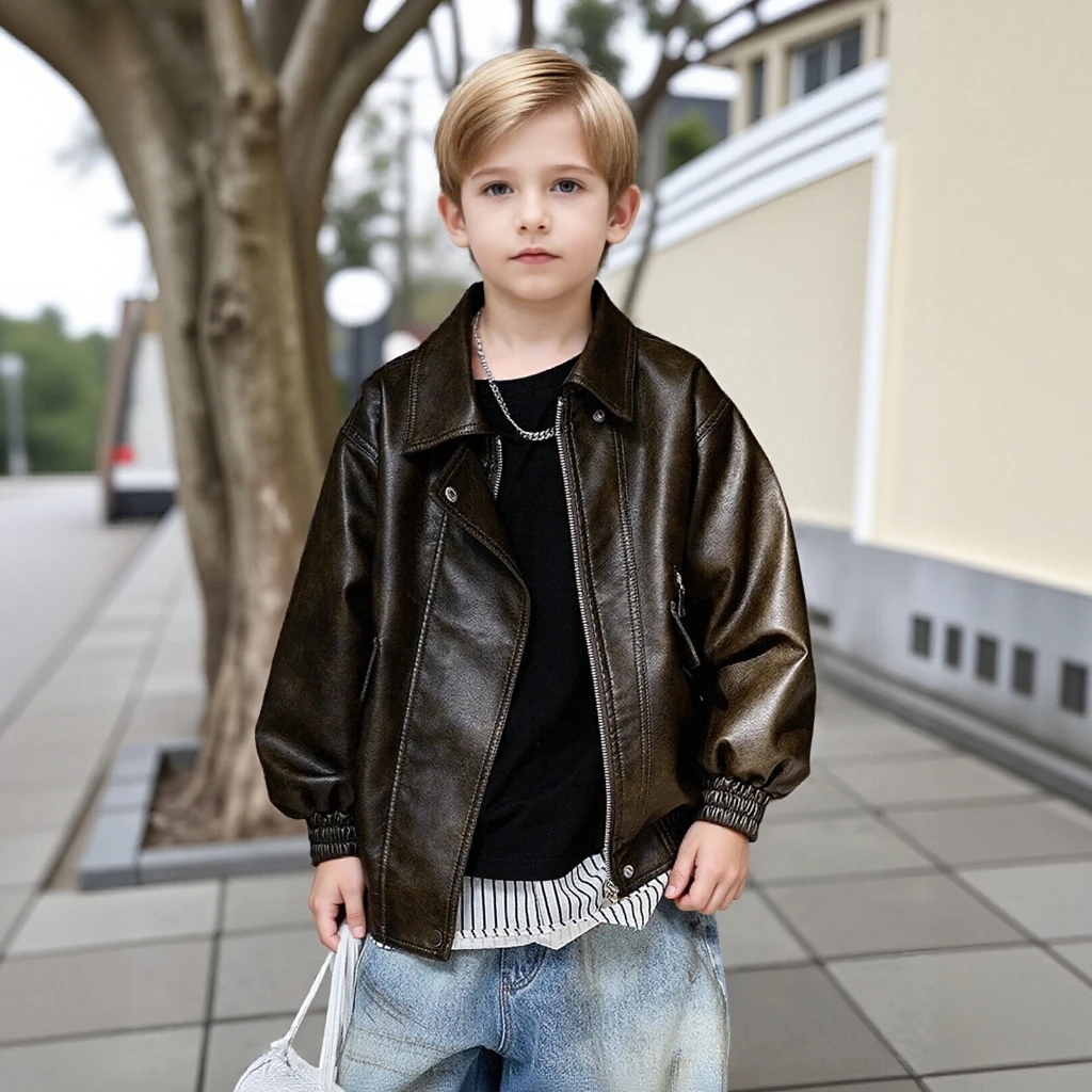 

Стильная байкерская верхняя одежда из искусственной кожи для мальчиков-подростков, повседневная универсальная уличная одежда, пальто, весенне-осенняя детская одежда