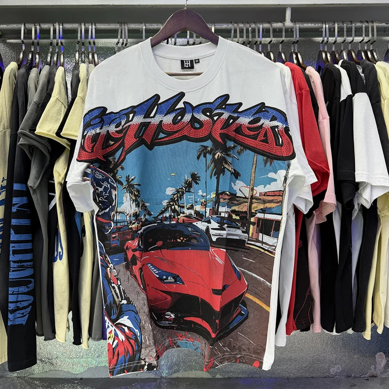 American Street Fashion Sports Car Print Glittering Diamonds LIFE HUSTLERS Tops Summer Round Neck High Quality Short Sleeve Tees