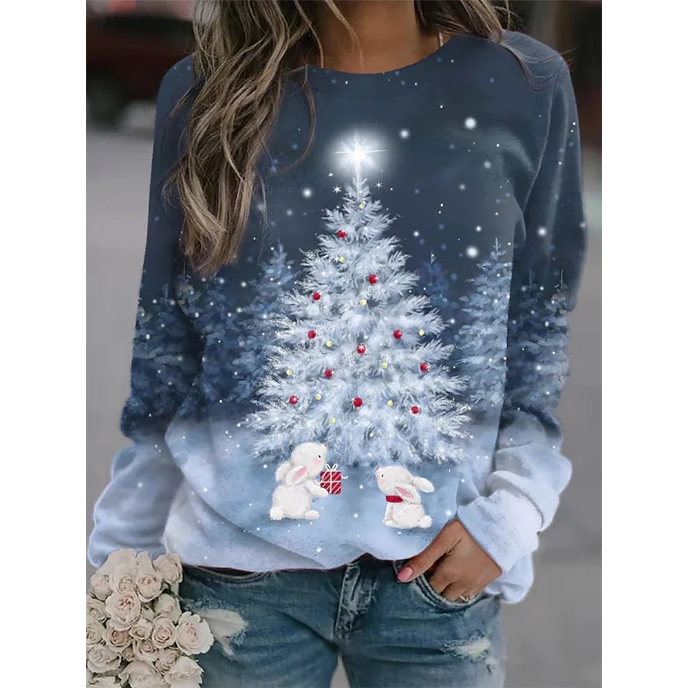 Christmas Tree Snowman Traf Crew Neck Pullover Autumn Winter Loose Long Sleeves Tees for Women Ladies Sweatshirt Hoodies Gifts