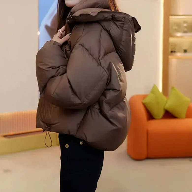 Stylish High-End FeelCotton-Padded Coat Women\'s Autumn Winter 2025 Hooded Puffer Jacket Solid Color Cropped Jacket Korean Style