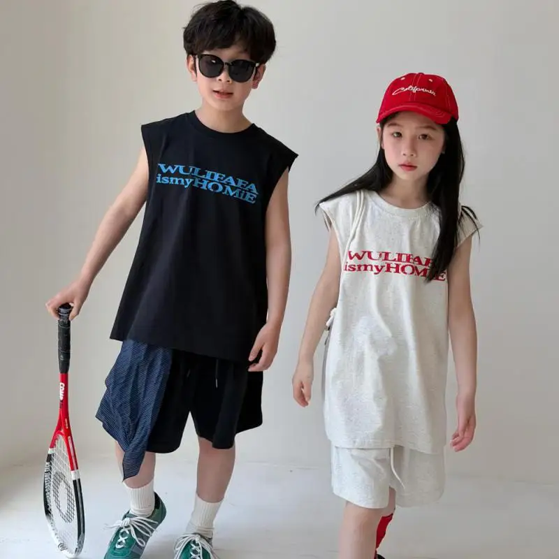 2026 Summer New Children Sleeveless Clothes Set Boys Girls Letter Print Vest + Shorts 2pcs Suit Cotton Kids Loose Casual Outfits