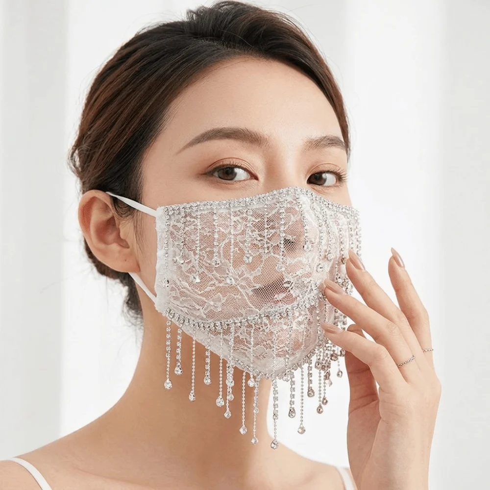 Elegant ademend bling gezichtsmasker met kwastjes, strass steentjes, mesh, zacht, stofdicht, dames sluiermasker, kostuum accessoire