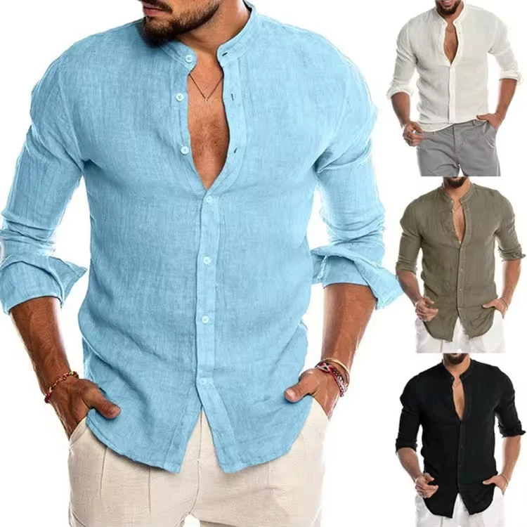 

Spring And Autumn New Men's Solid Color Stand-Up Neck Cardigan Trendy Casual Long Sleeve Shirt Shirt Men's