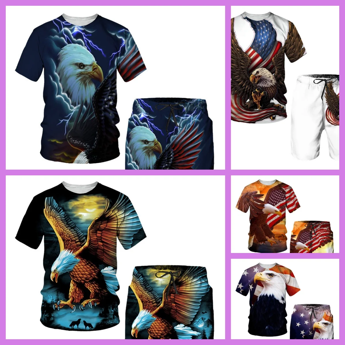 

2025 New hot-selling summer new short-sleeved set eagle flag printing 3D digital printing breathable short-sleeved shorts cover