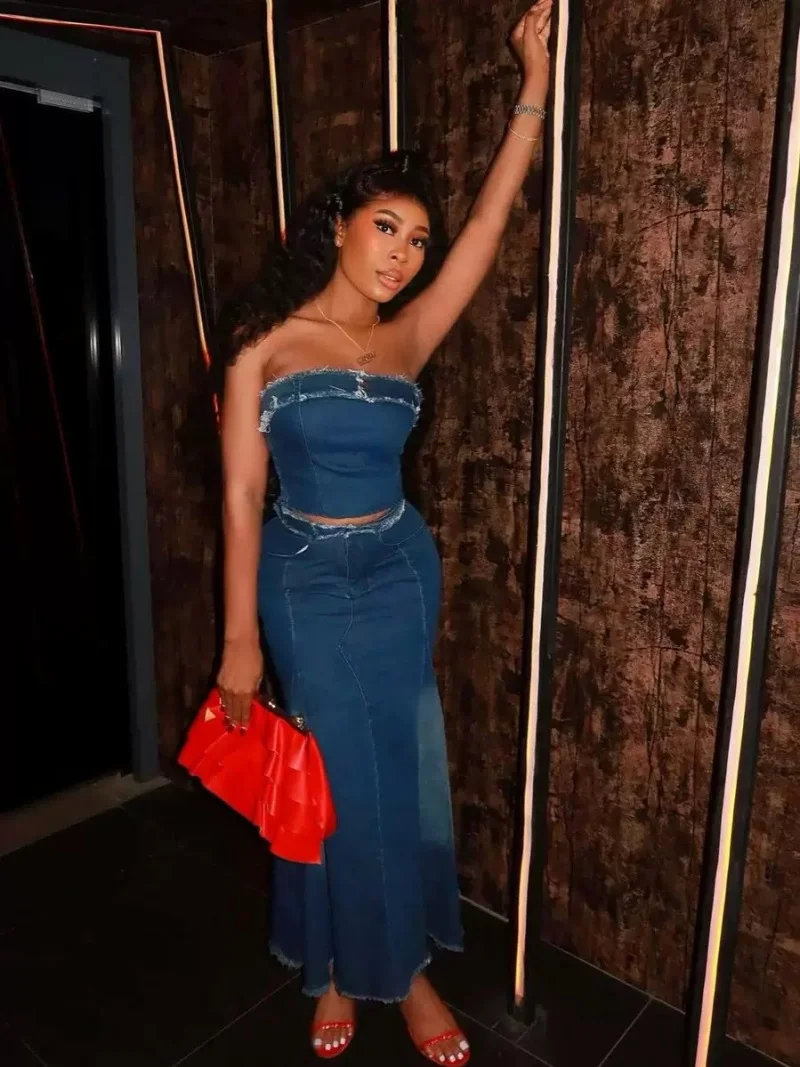 Fashion Denim 2 Piece Sets Women Outfit Summer Clothing Women Strapless Tank Top Mermaid Skirts Sets Jeans Two Pieces Dress Sets
