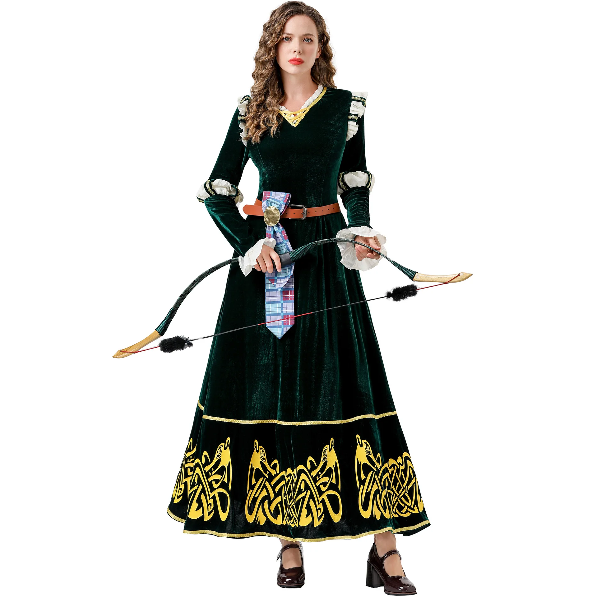Robe de princesse Mérida longue jusqu'au sol pour cosplay, avec carquois, pour femme adulte, ensemble de cosplay de princesse médiévale de la Renaissance