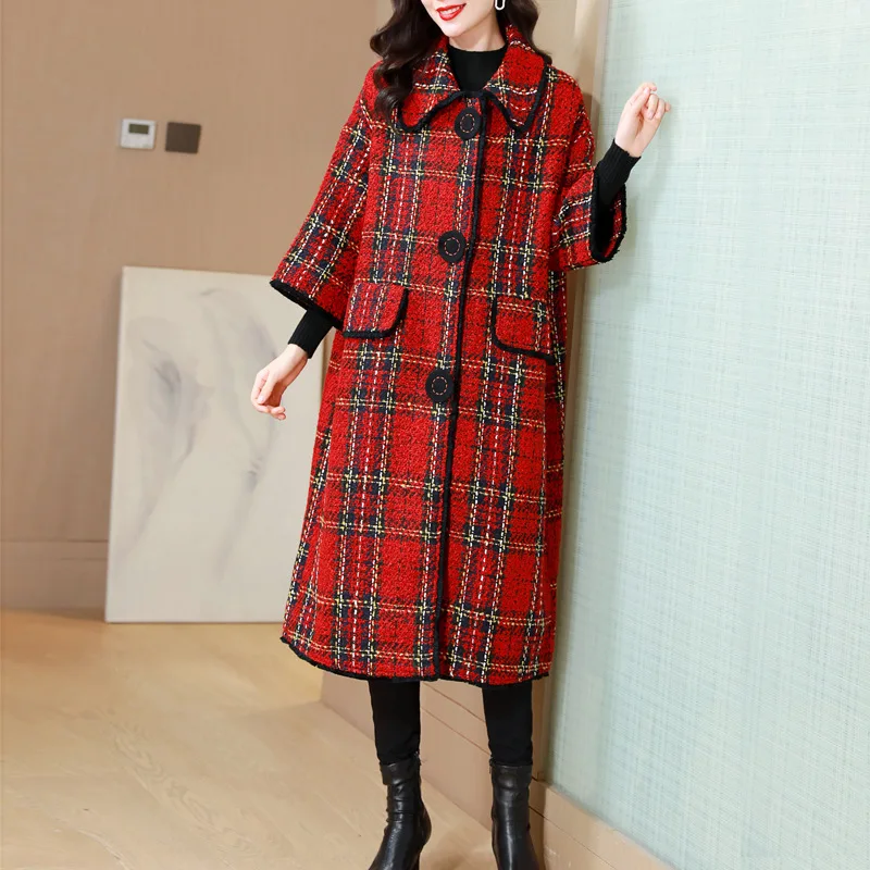 Autumn and winter retro plaid woolen coat women's 2023 new loose long over-knee temperament wool woolen coat