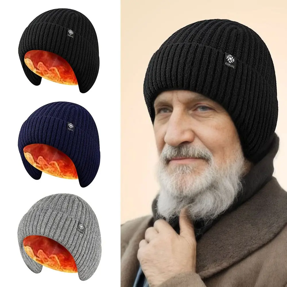 Windproof Knitted Hats Casual Ear Protectors Thickening Woolen Caps Plush Beanie Hats Middle-aged And Elderly Men