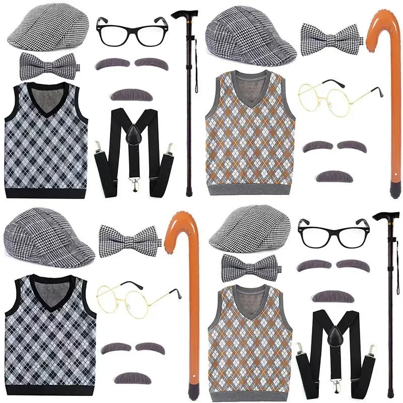 

Funny Children Cosplay Clothes Old Man Costume for Boys 100th Day Of School Kids Grandpa Old Person Outfit with Hat Glasses