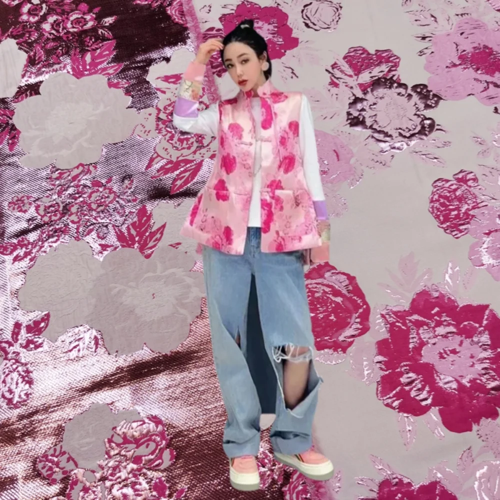 

Rose Pink Metal Wire Jacquard Vest Fabric for Sewing Windbreaker Traditional Chinese Garments Hanfu Customized Brocade Cloth