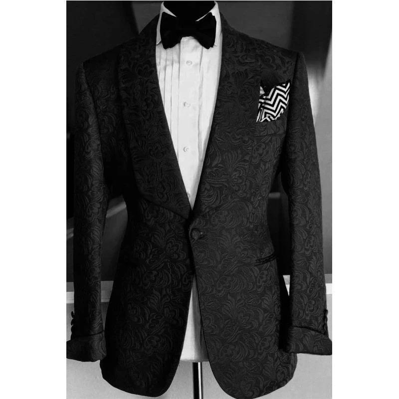 

Fashion Black Jacquard Suits for Men 1 Piece Jacket Regular Length One Button Shawl Lapel Costume Homme Custom Made Coat Terno