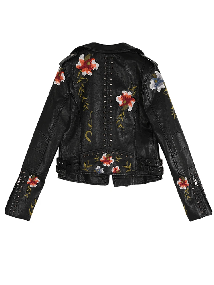 Women Pu Floral Print Embroidery Faux Soft Leather Jacket Coat  Turn-down Collar Casual Pu Motorcycle Black