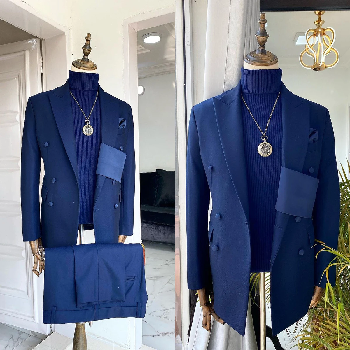 

Blue Groom Suit For Wedding Slim Fit Peaked Lapel Mens Blazer Party Birthday Formal Wear 2 Pieces