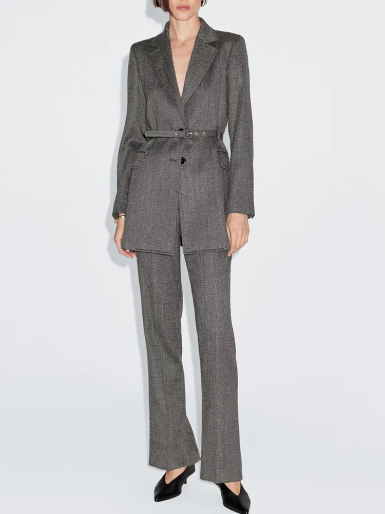 

European and American style 2025 winter new women's clothing simple long-sleeved belted suit jacket with slit trousers