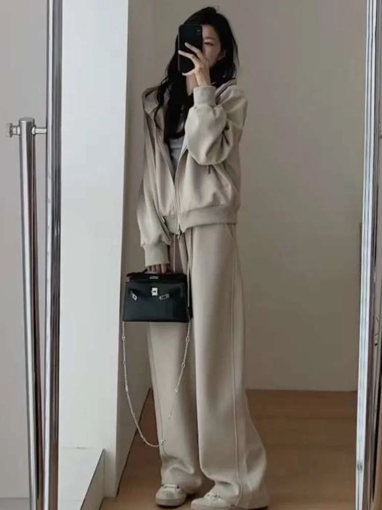 Loose Pant Set 2 Piece Sets For Women Basics Long Sleeve Hoodies Coat Wide Leg Pants Solid Casual Fashion Suit Spring Autumn New