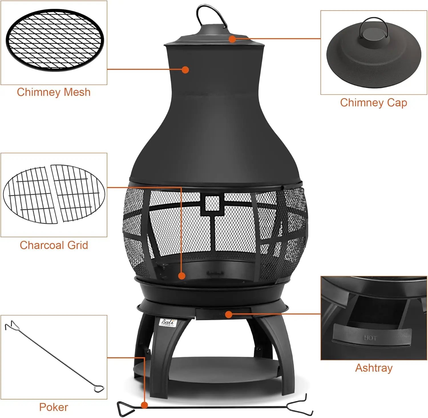 Braço de fogo Queima de lenha Chiminea Lareira externa Pátio Pátio Braço de fogo pequeno, tamanho 17,7" L x 35,6" A, marrom-preto