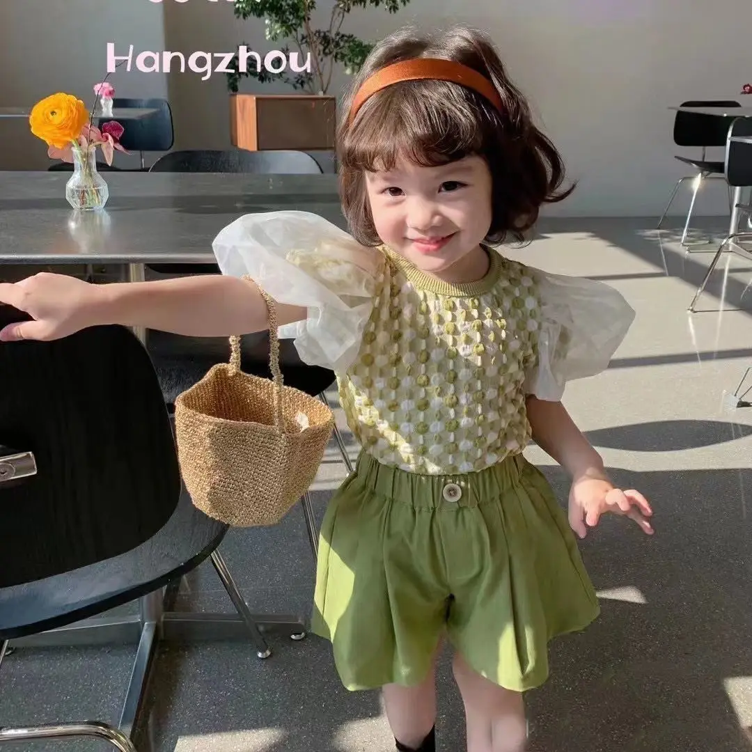 2024 Summer Girls Green Fashion Suit Children Sets Puff Sleeve T-shirts Shorts for Toddler Kids Clothes Outfits Girl 2pcs Sets