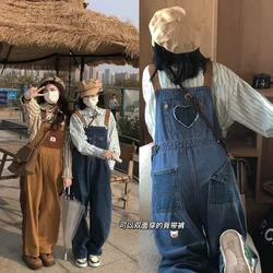 Vintage Kawaii Denim Jumpsuit Overalls Women College Style Girls Brown Blue Loose Casual Wide Leg Pants Jeans All Match Trousers