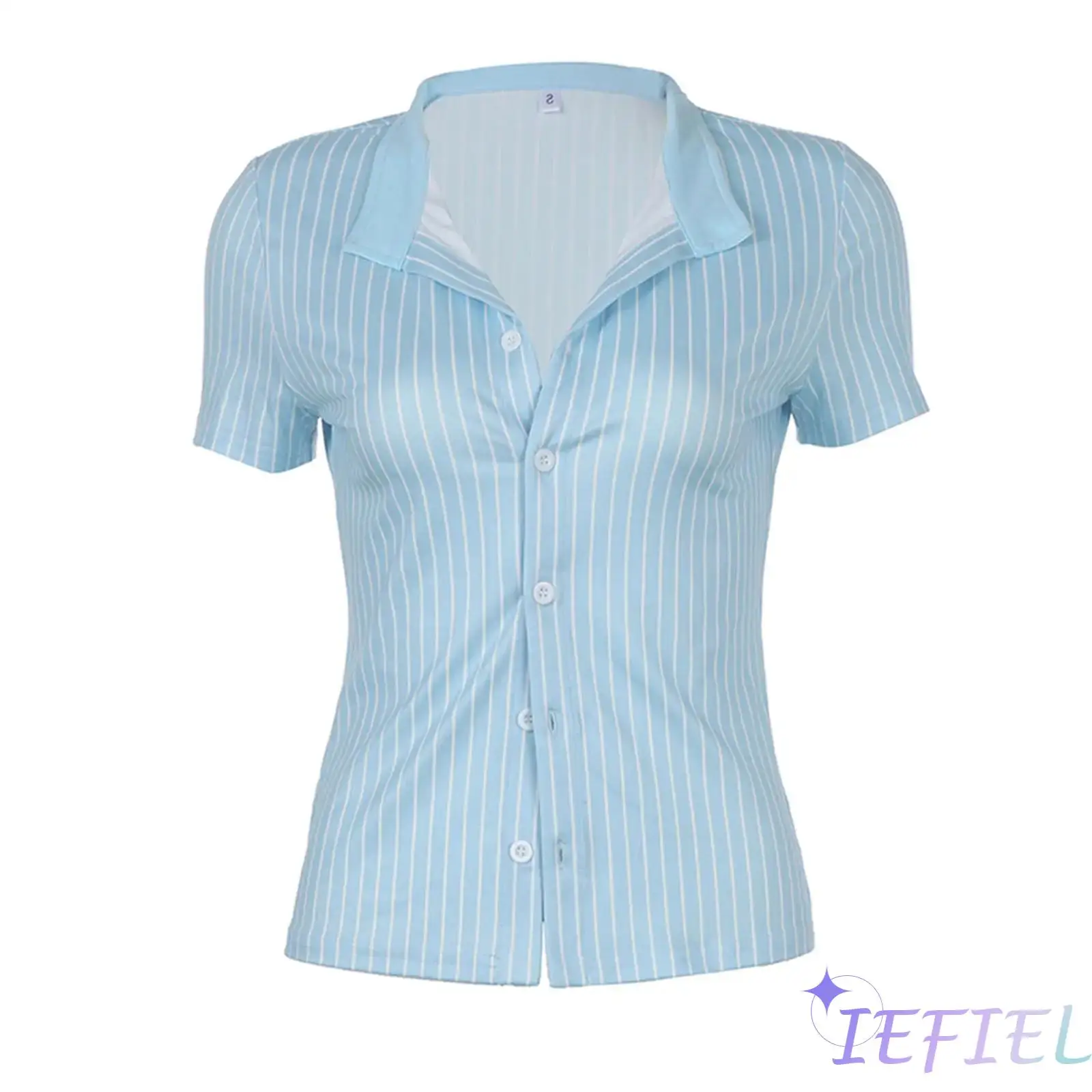 Femmes mode petit revers manches courtes rayure bouton fermeture hauts chemisier chemises tenue d'été pour le travail trajet réunion fête