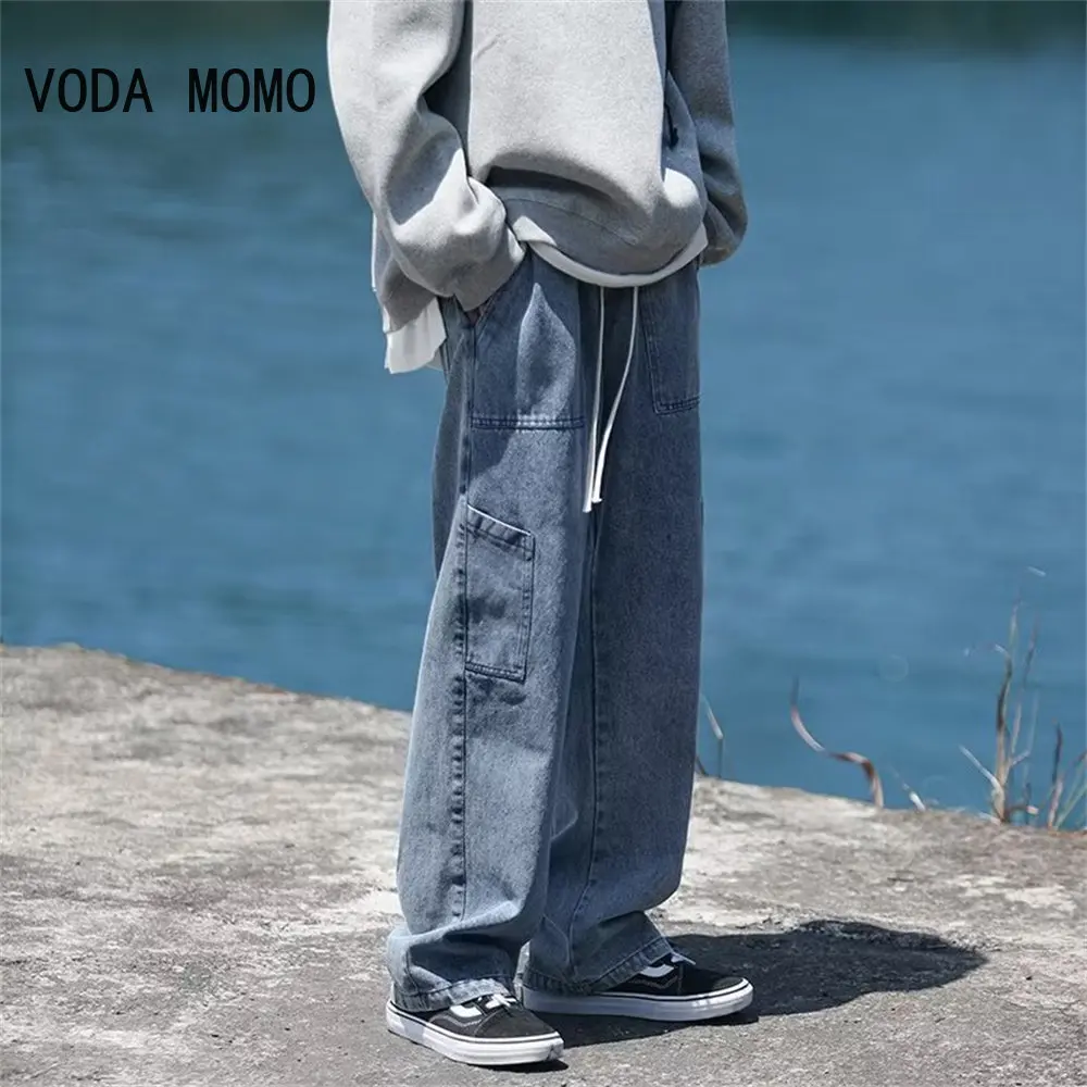 Homens baggy carga jeans vários bolsos cor sólida zíper voar solto em linha reta calças de perna larga outono denim calças streetwear