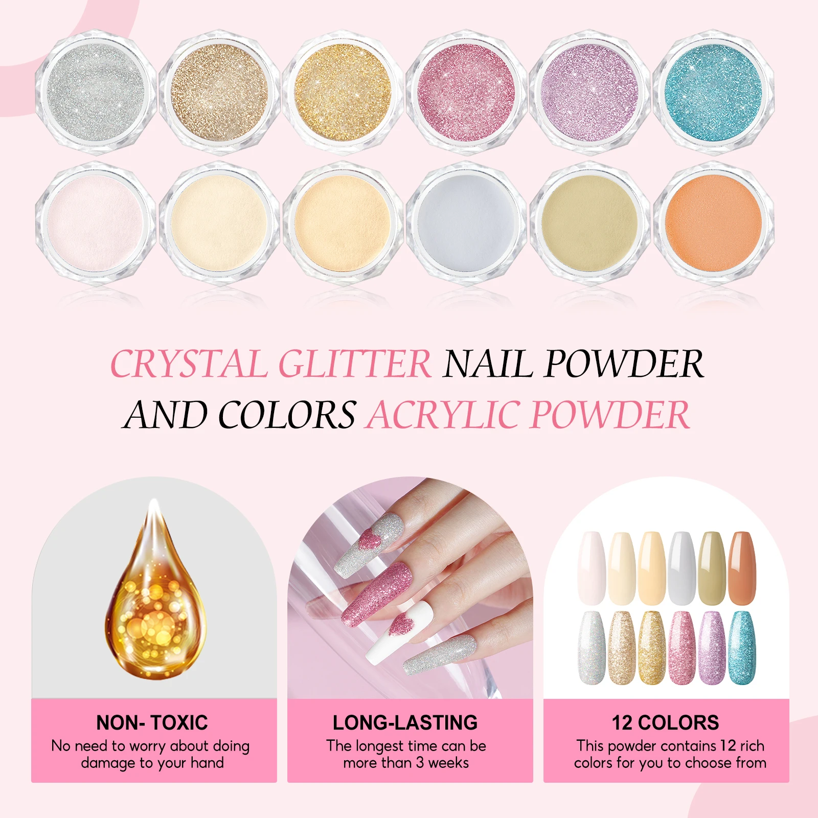 Peacecolor Acryl-Set, 6 W, Nagellampe, 3 Stück, 8 g, Acrylpulver, 30 ml Acryl-Flüssigkeits-Set mit Top- und Basisbeschichtung, Maniküre-Verlängerung