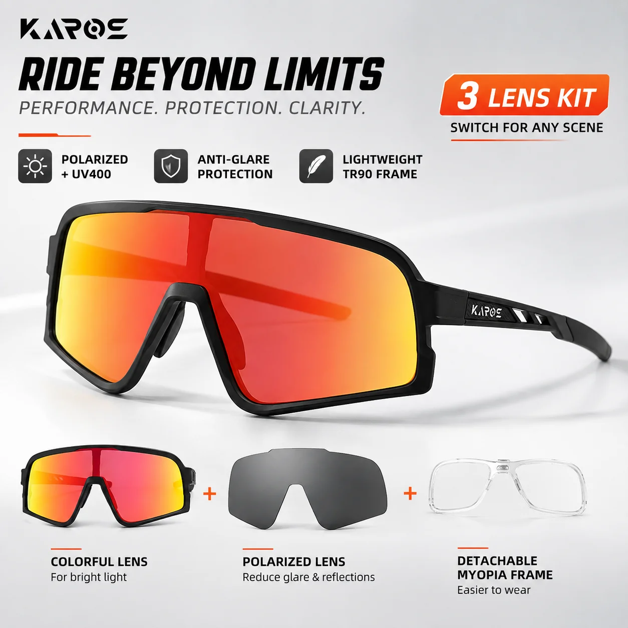 KAROS Polarized Cycling Glasses UV400 3 Lens Set TR90 Sports Sunglasses with Detachable Prescription Insert K03