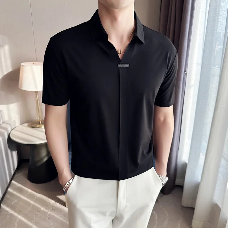 Elasticity Seamless Men Shirts Summer Short Sleeve Casual Slim Shirt Slim Business Social Dress Shirts Party Tuxedo Blouse 2023