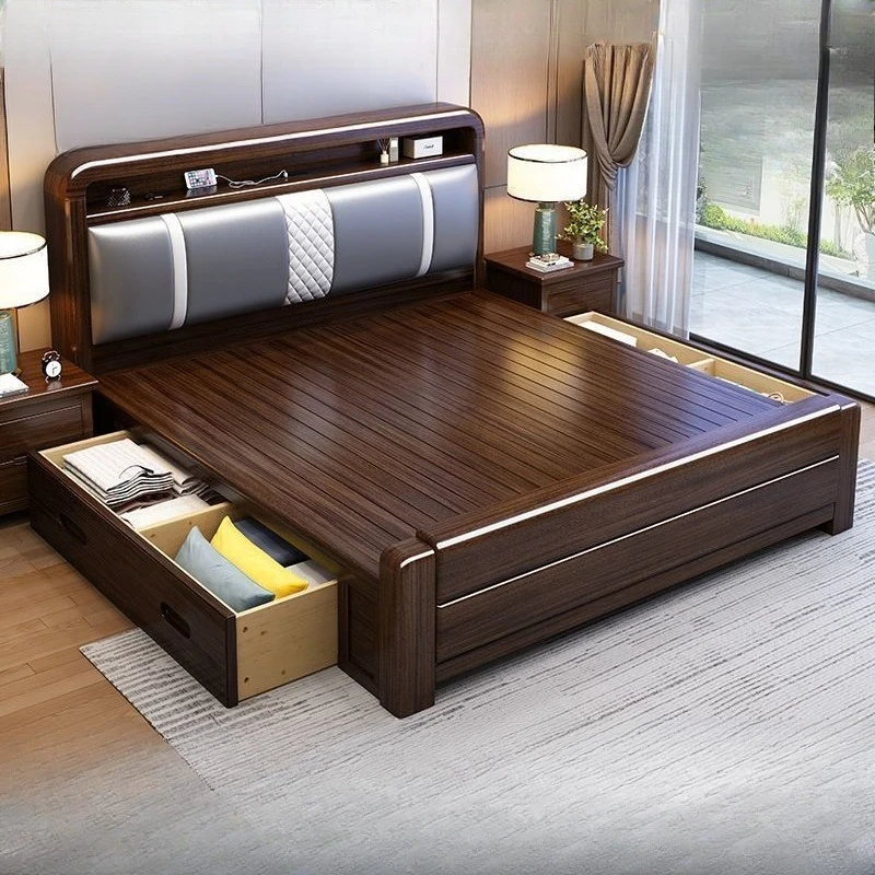 

Chinese walnut leather soft modern bed 1.8 meters all solidthickened double bed master bedroom storage