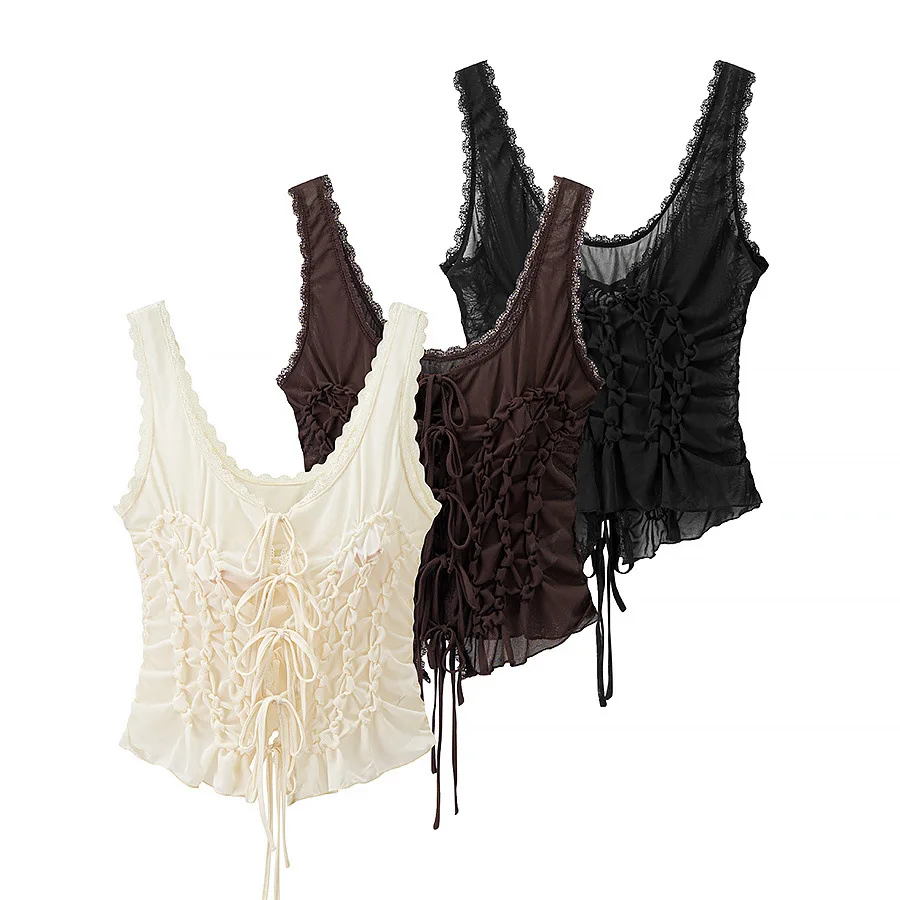KIDCRKJ Hollow Out Sexy Lace Up Ruffles Vest Women See Through Slash Neck Solid Tops 2026 Spring Summer Lady Chic Streetwear