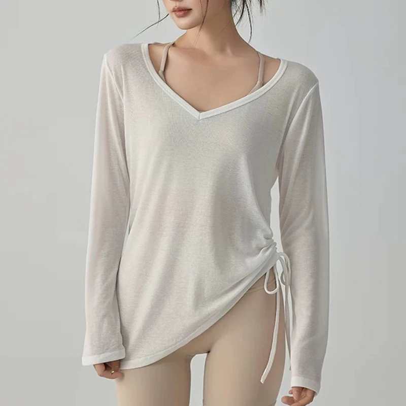 Women's Lightweight Loose Long Sleeved Hooded Top Hip Covering Irregular Drawstring Sports Fitness Casualwear