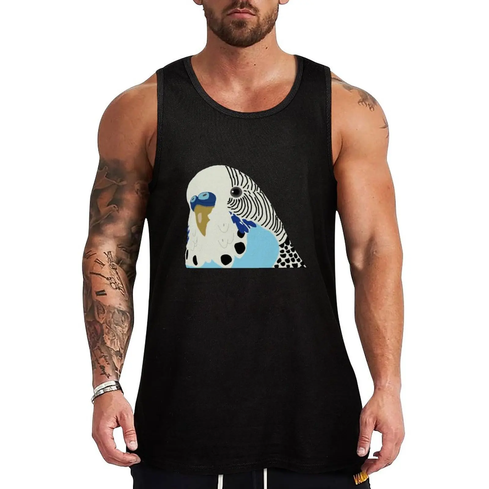 Blue Male Budgie Illustration Tank Top Gym Training Tank Top Moisture Wicking Performance
