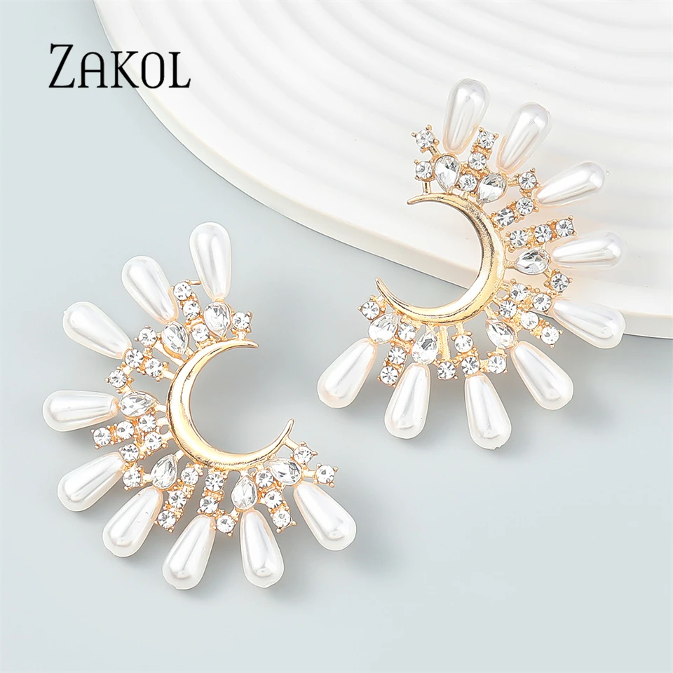 ZAKOL New Big Imitation Pearls Stud Earrings For Women Moon Shape Crystal Rhinestones Earrings Party Jewelry Gifts