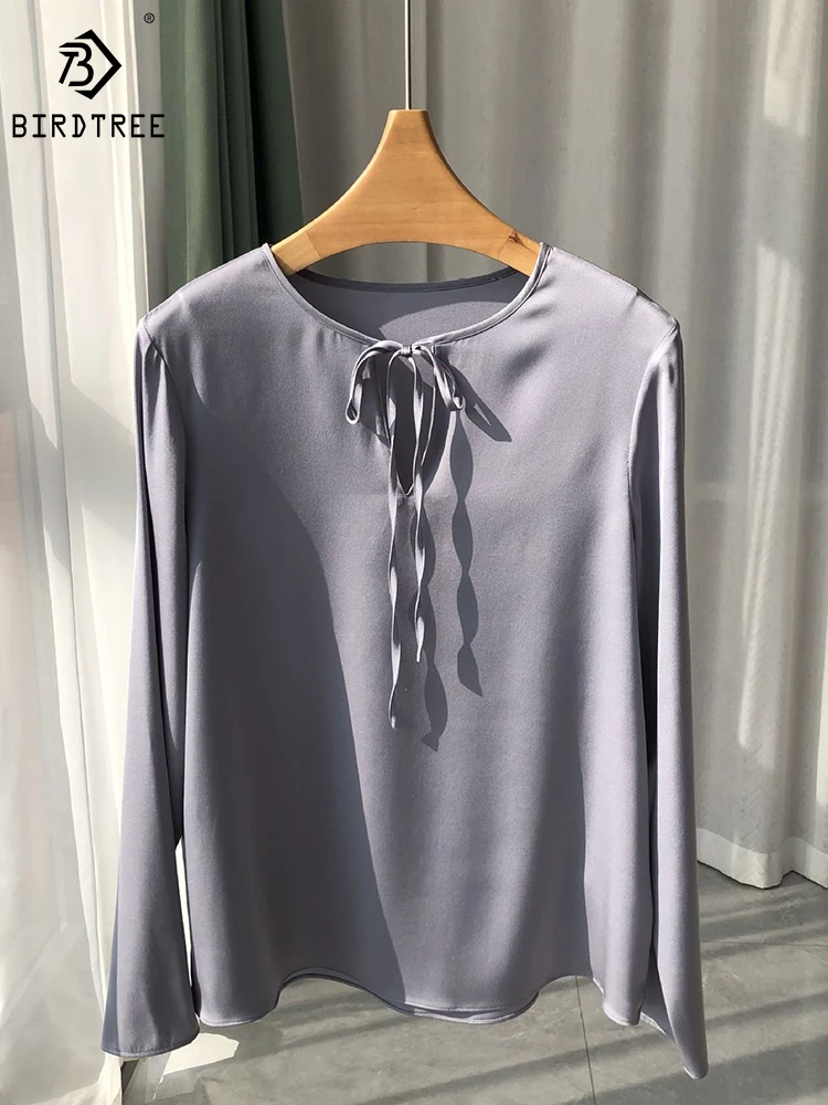 

Birdtree 19.5%MM 92.3%Silk Double Joe Shirt Solid V-Neck Long Sleeve Elegant Comfortable Simple Blouse Spring Autumn T3D770QD