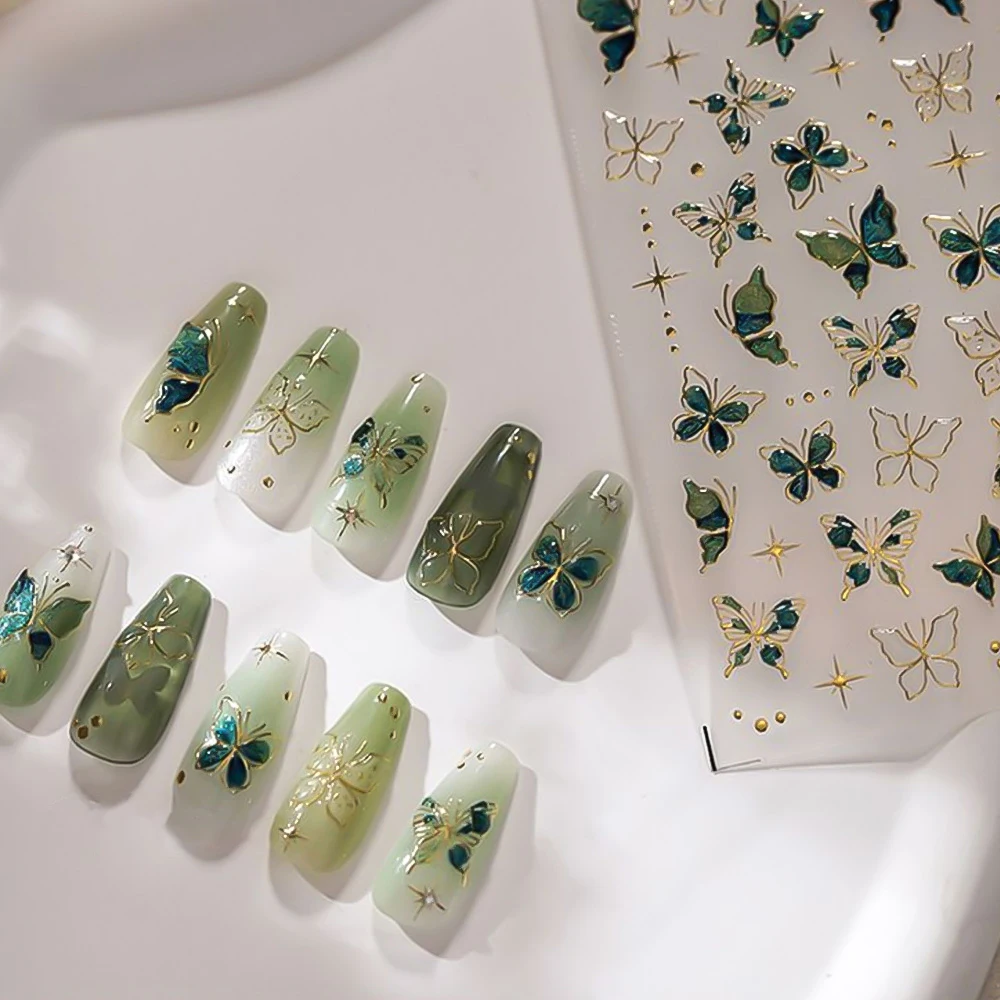 1 ورقة 5D الذهبي مختوم فراشة مسمار الفن ملصقات الأزرق الأخضر البرنز فراشة المنزلق الشارات DIY بها بنفسك مانيكير لاصقة تزيين