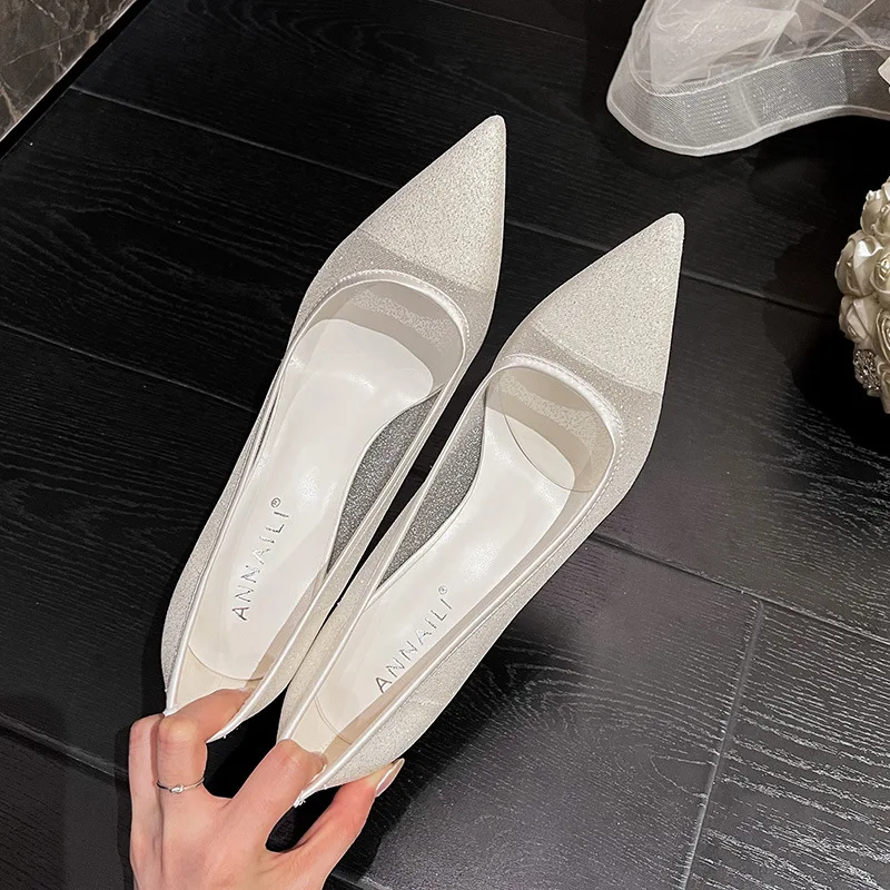 Size 33-42 Mesh Pointed High Heels 2024 New Sexy Lace White Wedding Shoes Women Banquet Dress Champagne Bridesmaid Shoes image 2