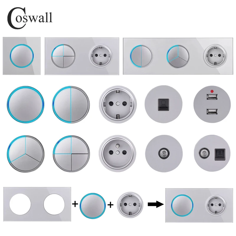 COSWALL 1/2/3/4 Gang 1/2 Way On / Off Wall Light Switch Large Aperture LED Backlight Data HDMI USB Charger Glass Panel Grey Gray