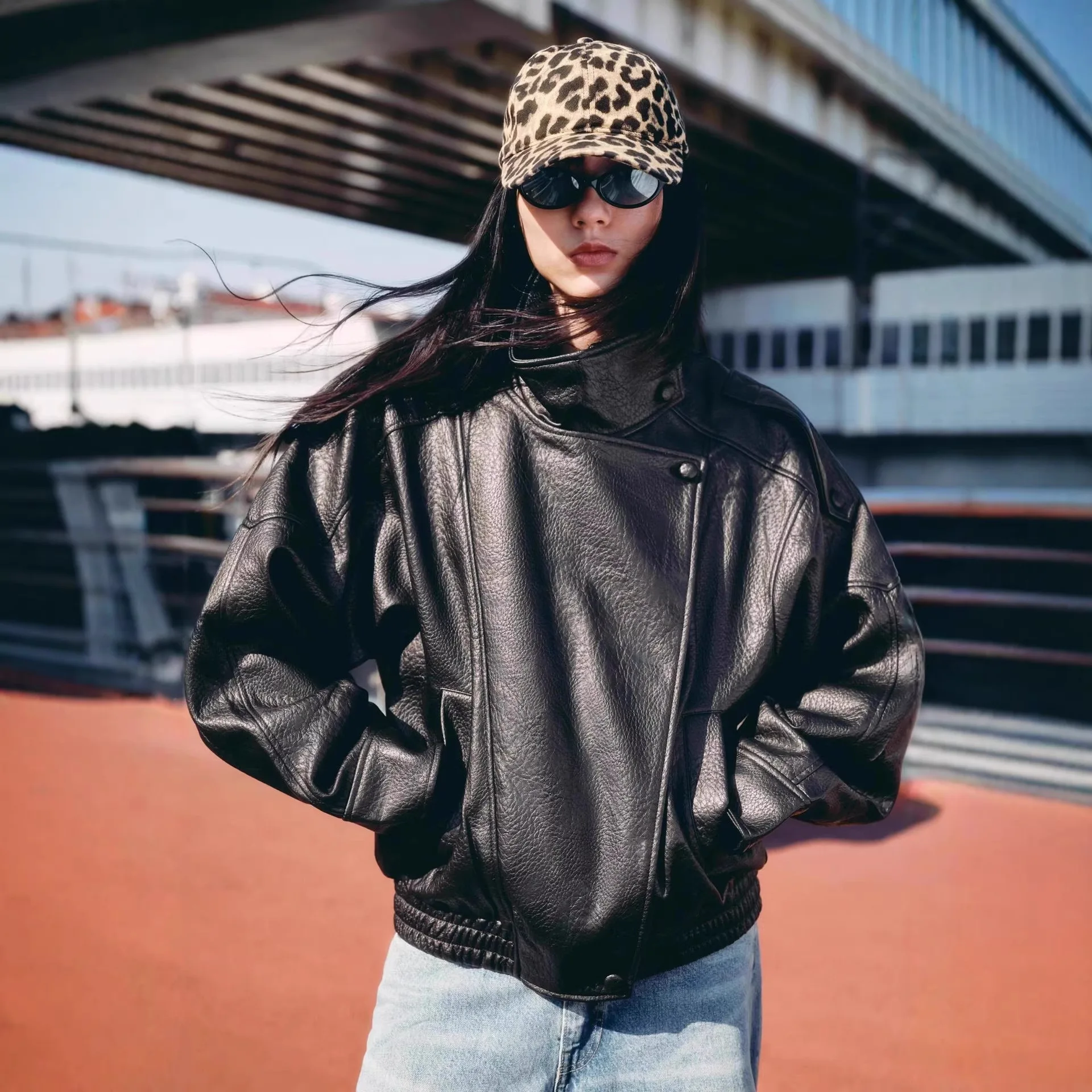 Black Jackets For Woman New Arrival Cropped Oversize Bomber Jacket Zip-Up Long Sleeve Coats Motorcycle Jackets