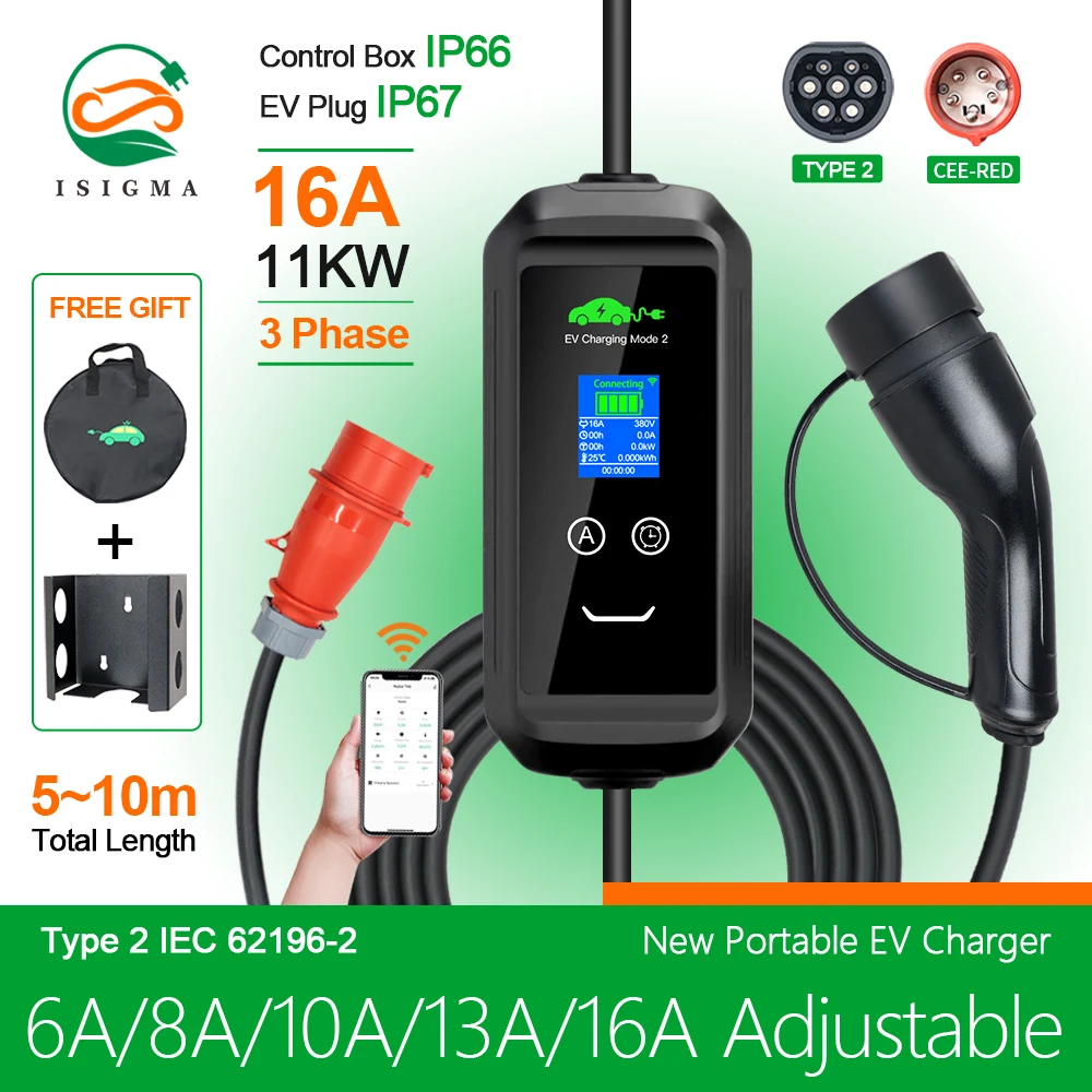 

ISIGMA 16A 3p 11kw EV charger with app control 6/8/10/13/16A adjustable type 2 portable ev charger For Eletric Vehicle Cars