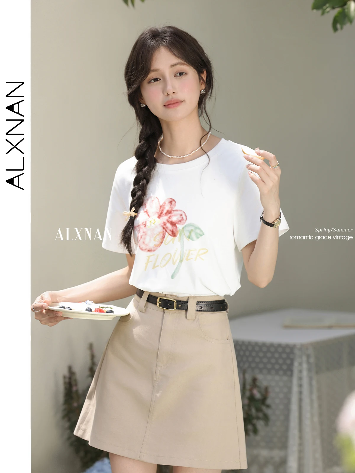 

ALXNAN Women's T-shirt Printed Beaded Cotton T-shirt 2025 Summer Short Sleeve Casual Loose-fit Korean Clothing L53872 L551108