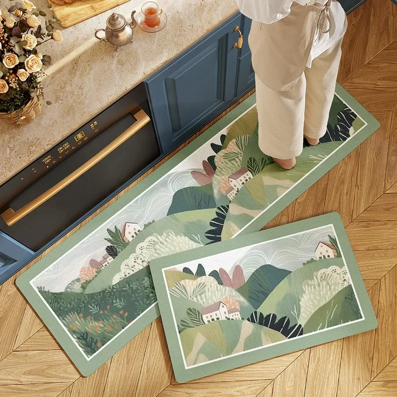 Fiber Leather Natural Rubber Kitchen Floor Mat, Soft Q-elastic Long Kitchen Mats Absorbs Water, Oil and Non-slip Foot Pads