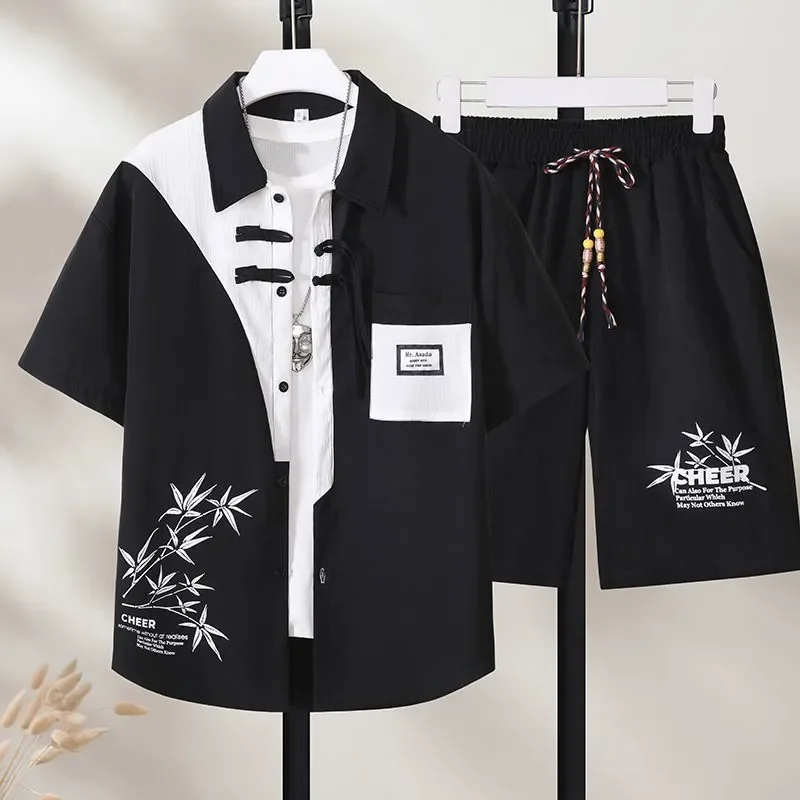 

Men's Chinese Style 2 Piece Set Short Sleeve Shirt and Shorts Casual Loose Summer Outfit for Teenagers