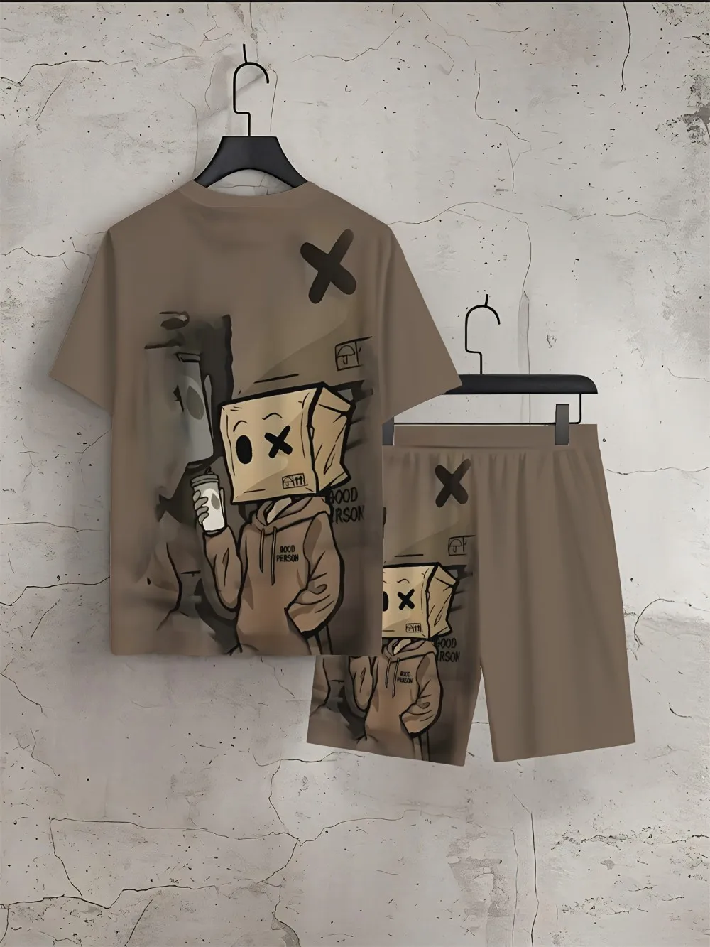 

Summer fashion men's cartoon cardboard doll print breathable round neck T-shirt shorts set outdoor street casual two-piece set