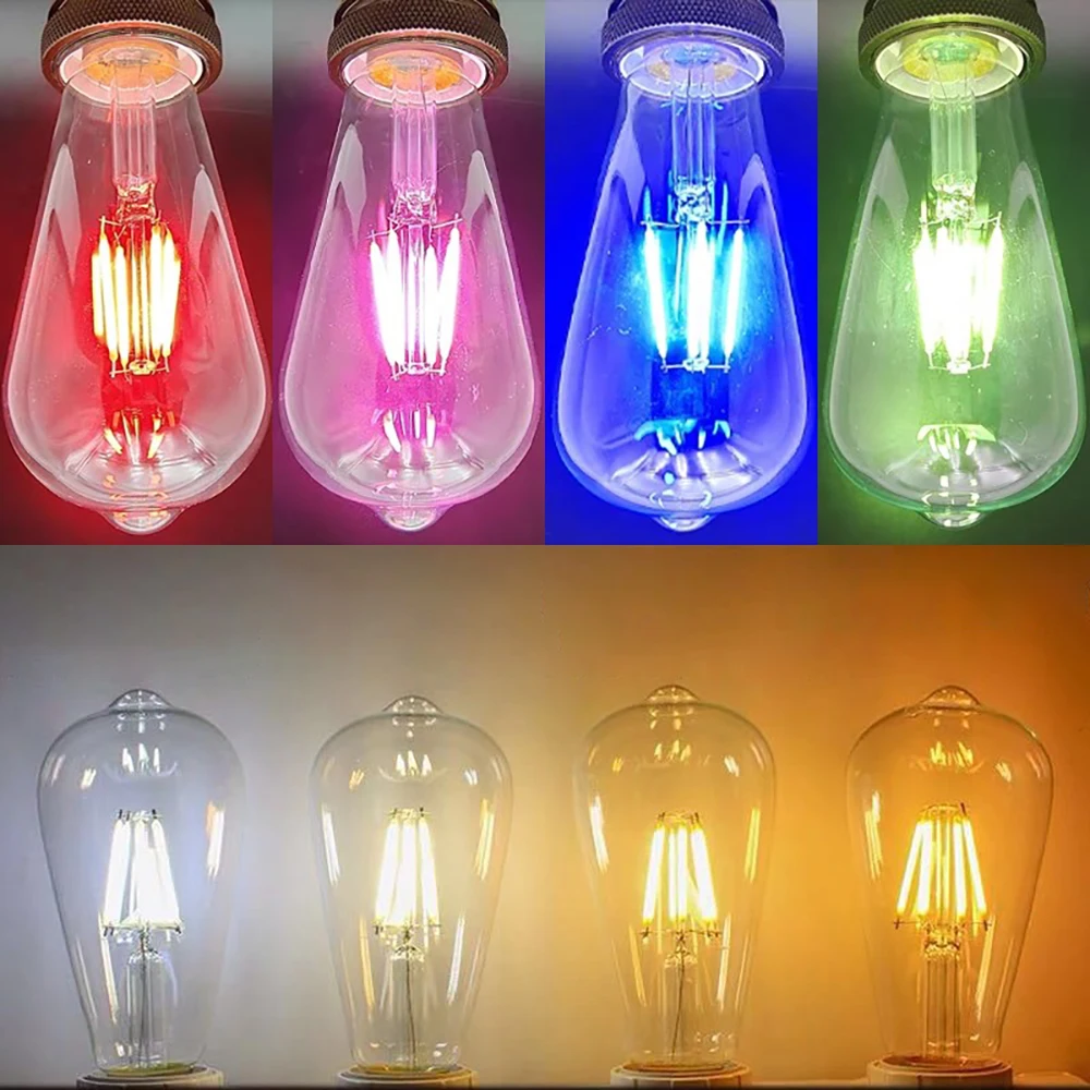 

Светодиодная лампа E27 220В, нить накаливания, ретро-стиль, прозрачная, ST64, 4Вт, теплый белый, холодный белый, красный, зеленый, синий, розовый свет, ретро-лампа
