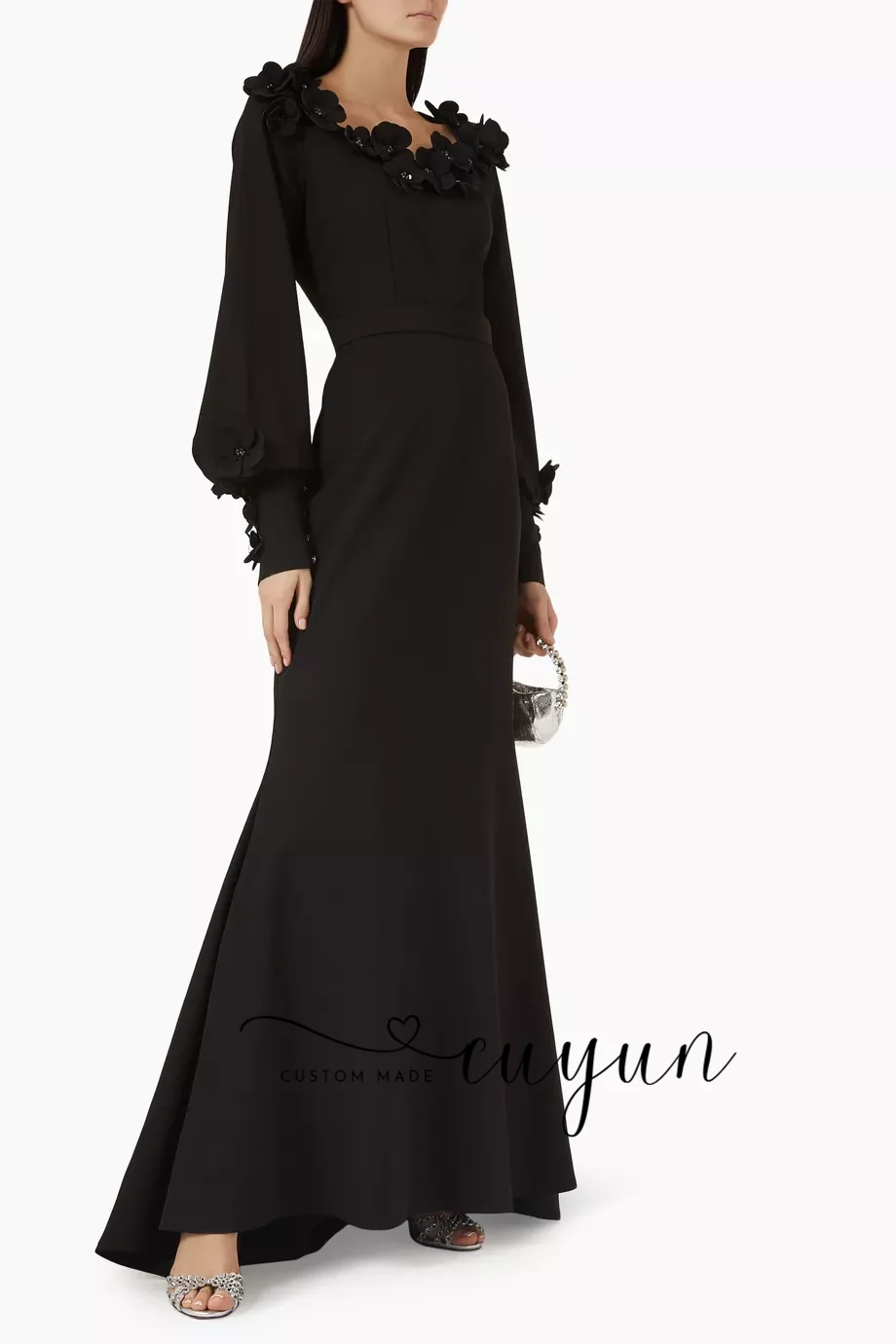 Suknia wieczorowa CUYUN z czarnymi kwiatowymi aplikacjami, długa, z długim rękawem, fason półsyreny, sukienka na przyjęcie, sukienki na wesele dla gości.
