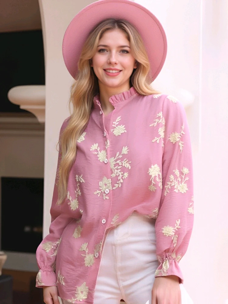 

Новая рубашка с длинными рукавами и цветочной вышивкой, весна-лето 2024, свободная женская офисная блузка в стиле ретро, элегантный женский однобортный топ