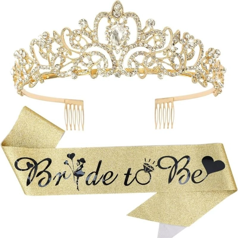 

652F Bachelorette Party Sash Headband Crown Set Bride to Be Hen Night Bridal Shower Crown Hen Party Engagement